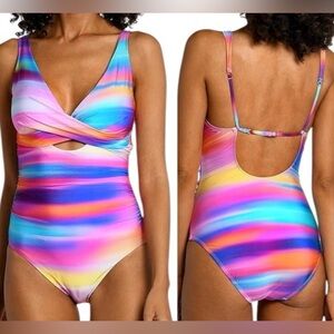 La Blanca Rainbow Stripe Surplice One Piece Swimsuit Multicolor Size 16 Wrap